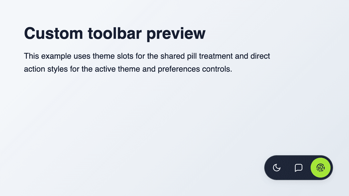Custom-styled consent controls toolbar with theme, support, and privacy actions
